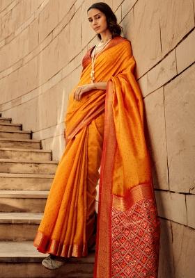 Orange Embroidered Silk Saree Set