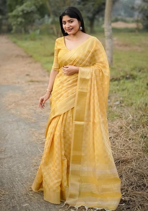 Yellow Embroidered Silk Saree Set