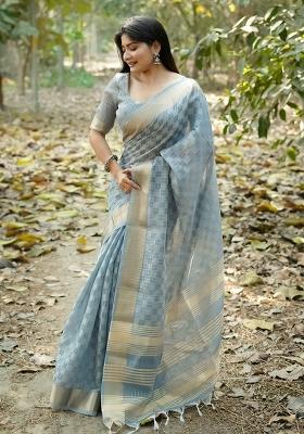 Grey Embroidered Silk Saree Set
