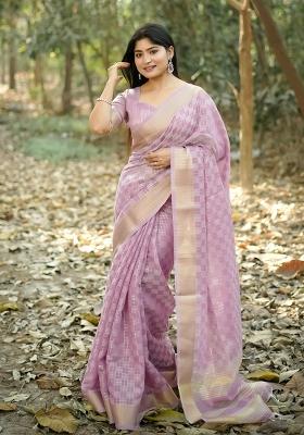 Purple Embroidered Silk Saree Set