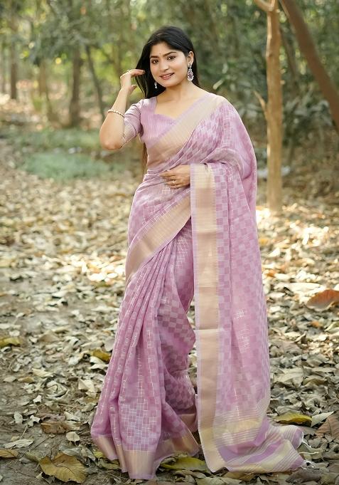 Purple Embroidered Silk Saree Set