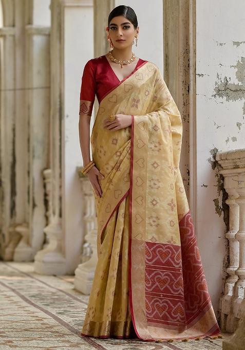 Cream Embroidered Silk Saree Set