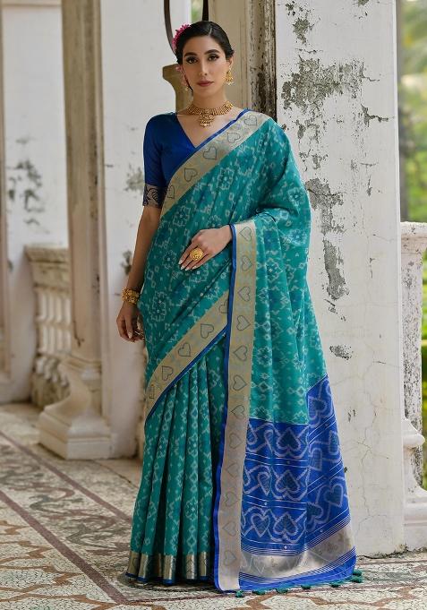 Firozi Embroidered Silk Saree Set