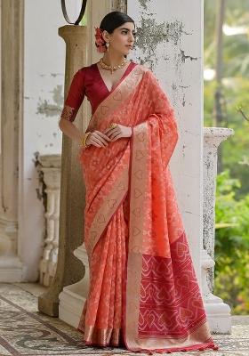Orange Embroidered Silk Saree Set