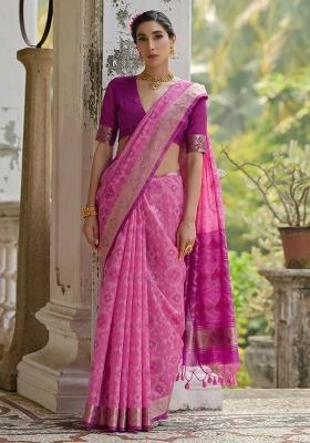 Pink Embroidered Silk Saree Set