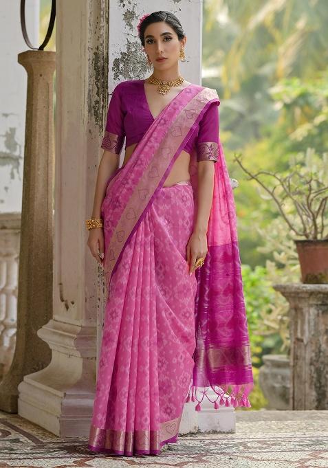 Pink Embroidered Silk Saree Set