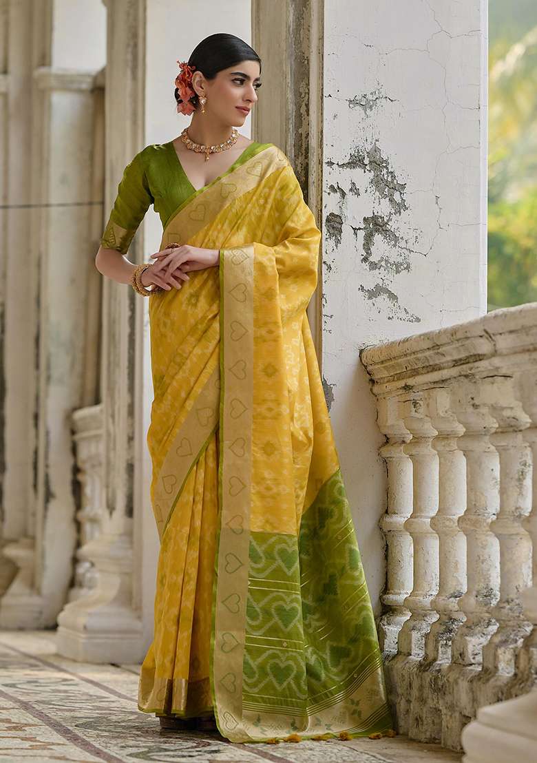 Yellow Embroidered Silk Blend Saree Set - Indya