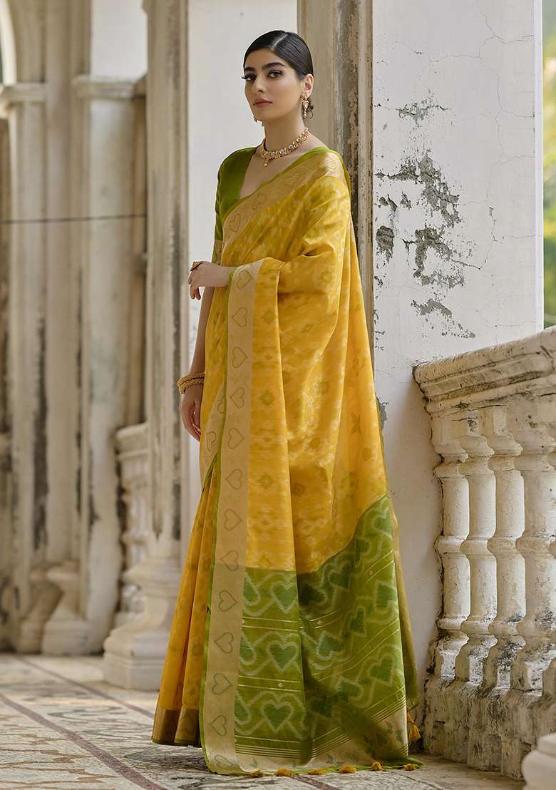Yellow Embroidered Silk Blend Saree Set - Indya