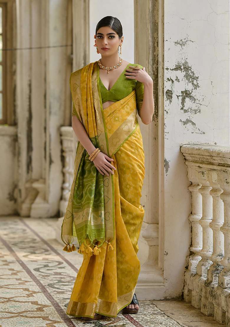 Yellow Embroidered Silk Blend Saree Set - Indya