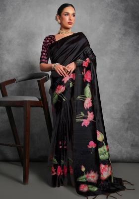 Black Embroidered Silk Saree Set