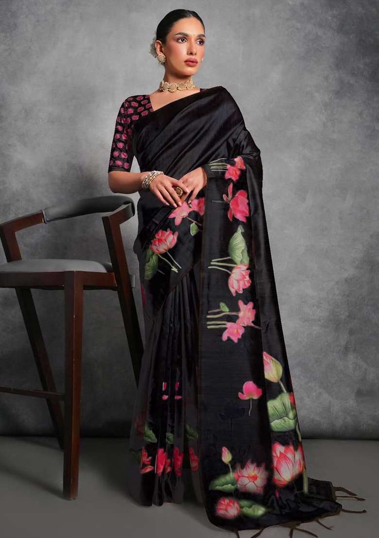Black Embroidered Silk Blend Saree Set - Indya