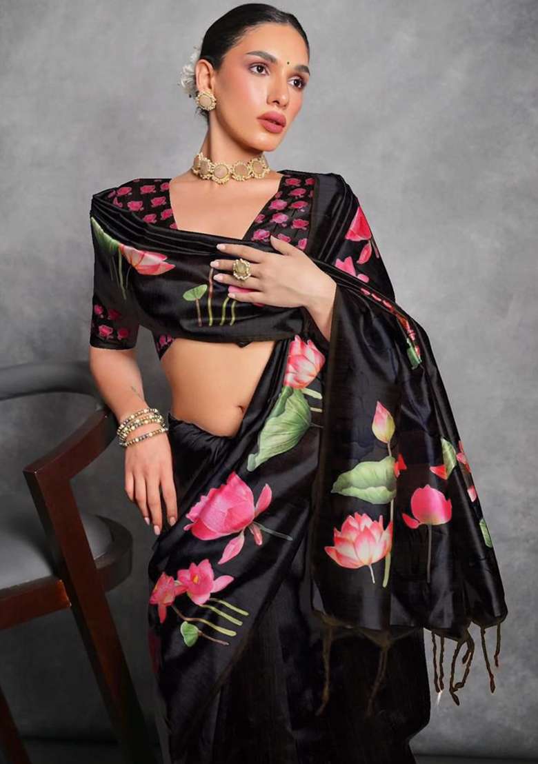 Black Embroidered Silk Blend Saree Set - Indya