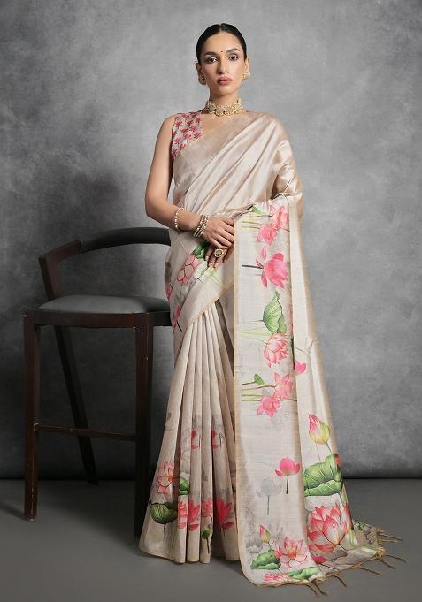 Cream Embroidered Silk Saree Set