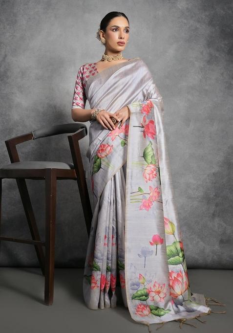 Grey Embroidered Silk Saree Set