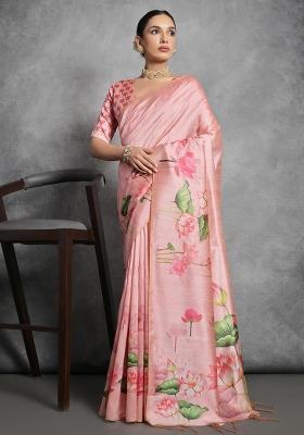 Peach Embroidered Silk Saree Set