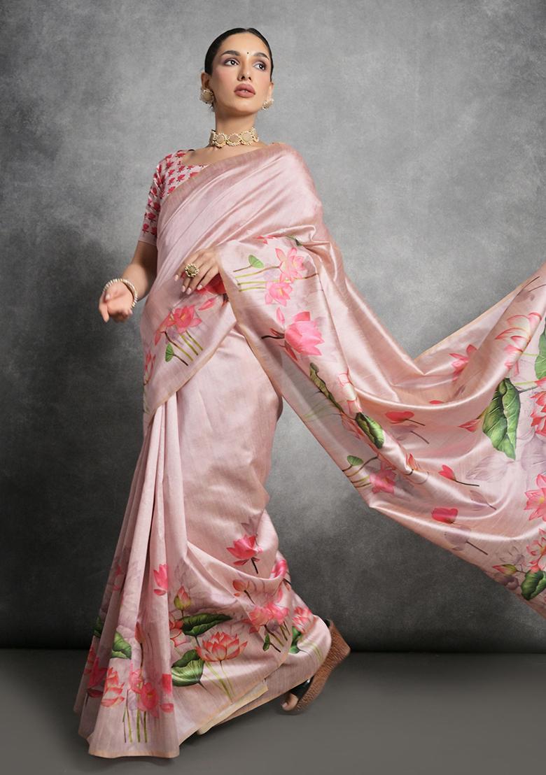 Pink Embroidered Silk Saree Set