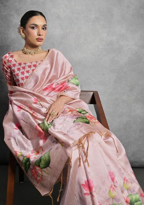 Pink Embroidered Silk Saree Set