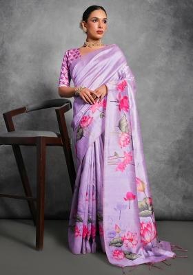 Purple Embroidered Silk Saree Set
