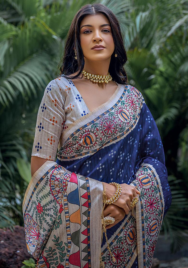 Blue Embroidered Silk Saree Set - Indya