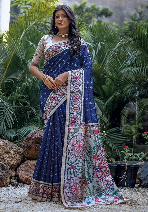 Blue Embroidered Silk Saree Set