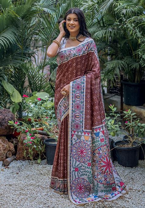 Coffee Embroidered Silk Saree Set
