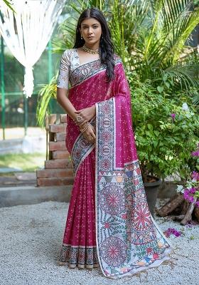 Pink Embroidered Silk Saree Set