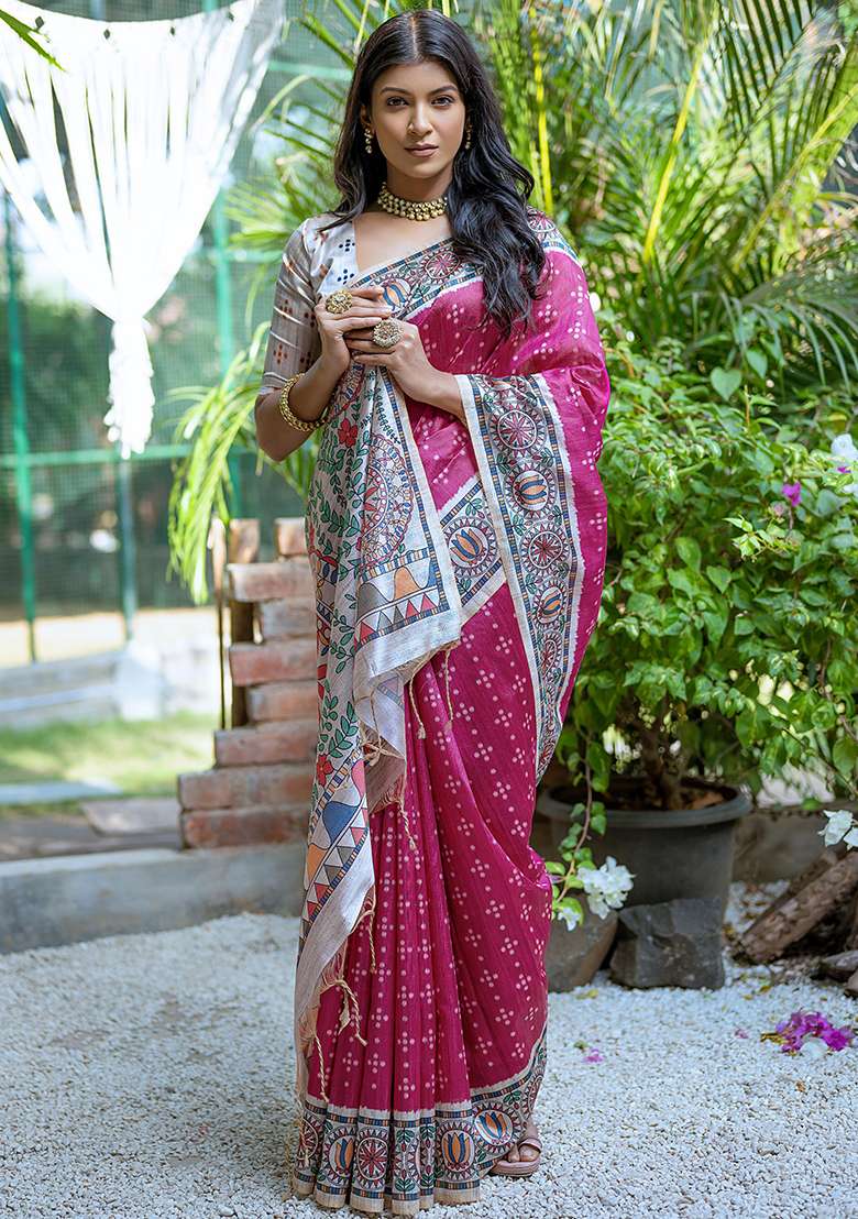 Pink Embroidered Silk Blend Saree Set - Indya