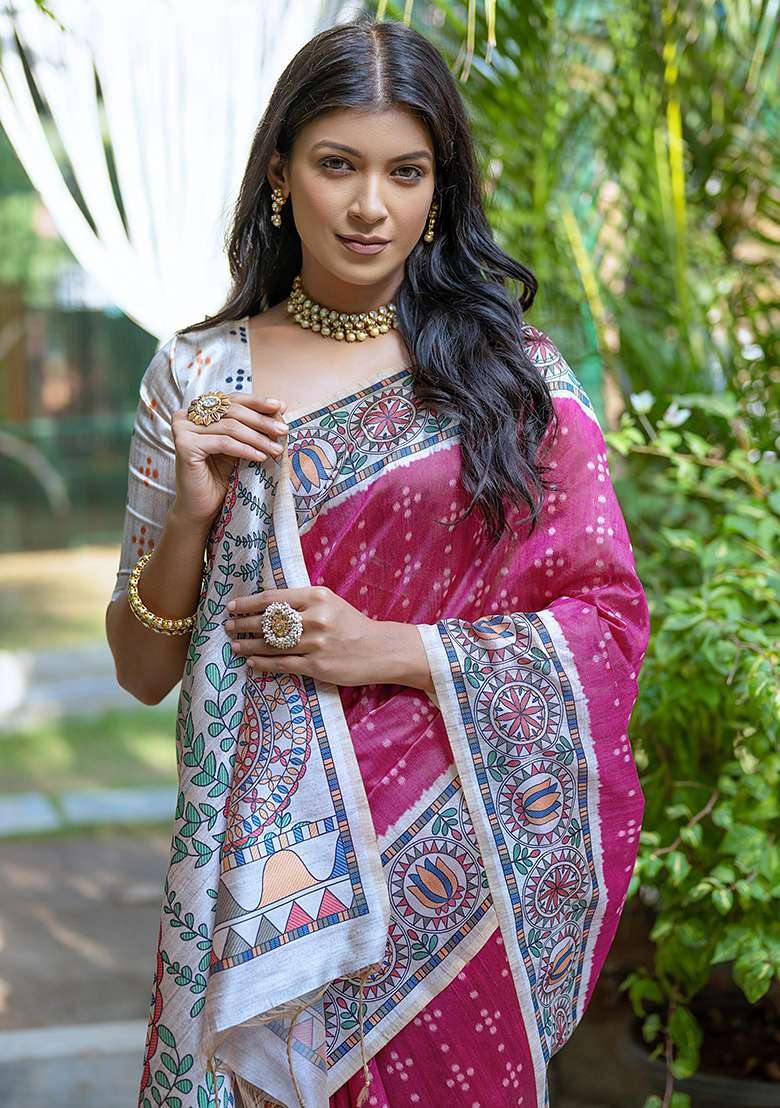 Pink Embroidered Silk Blend Saree Set - Indya