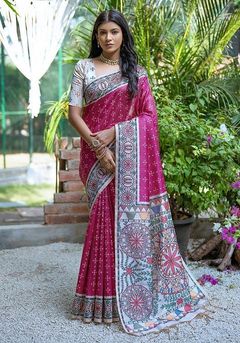 Pink Embroidered Silk Saree Set