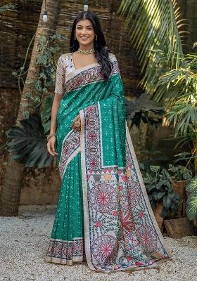 Rama Embroidered Silk Saree Set