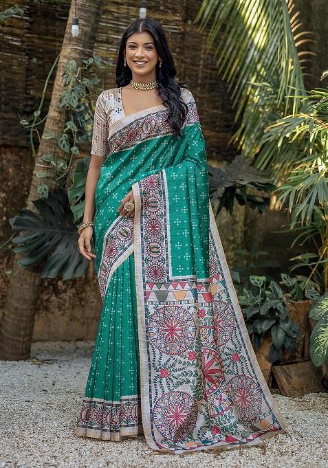 Rama Embroidered Silk Saree Set
