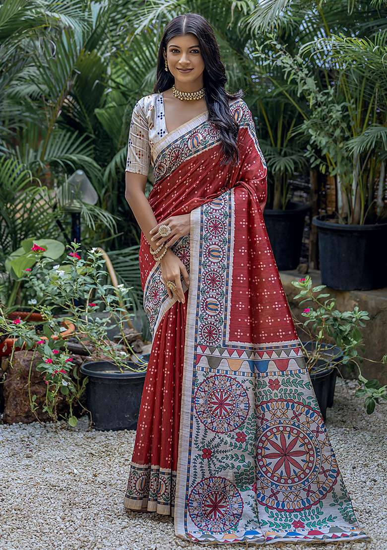 Red Embroidered Silk Blend Saree Set - Indya