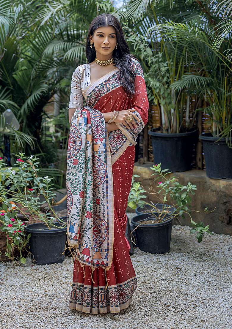 Red Embroidered Silk Blend Saree Set - Indya