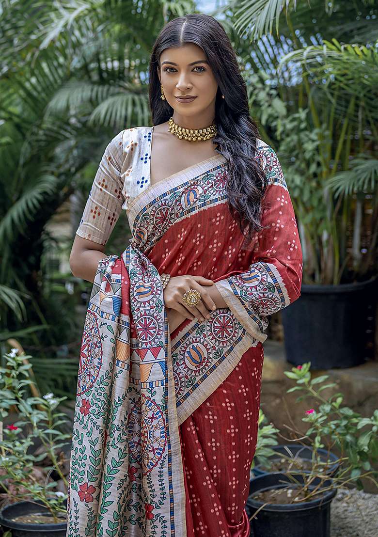 Red Embroidered Silk Blend Saree Set - Indya