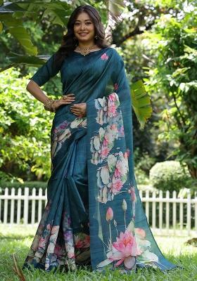 Teal Embroidered Silk Saree Set