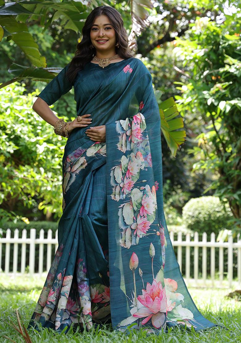 Teal Embroidered Silk Saree Set