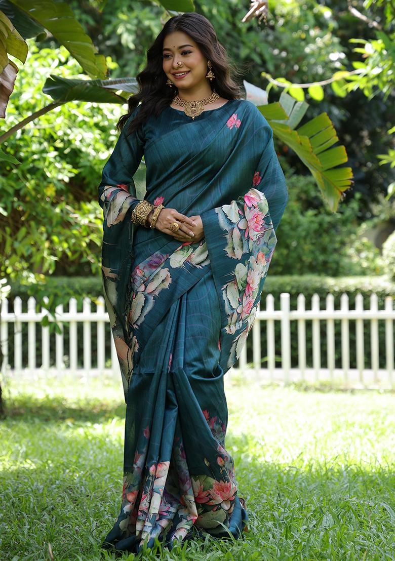 Teal Embroidered Silk Saree Set