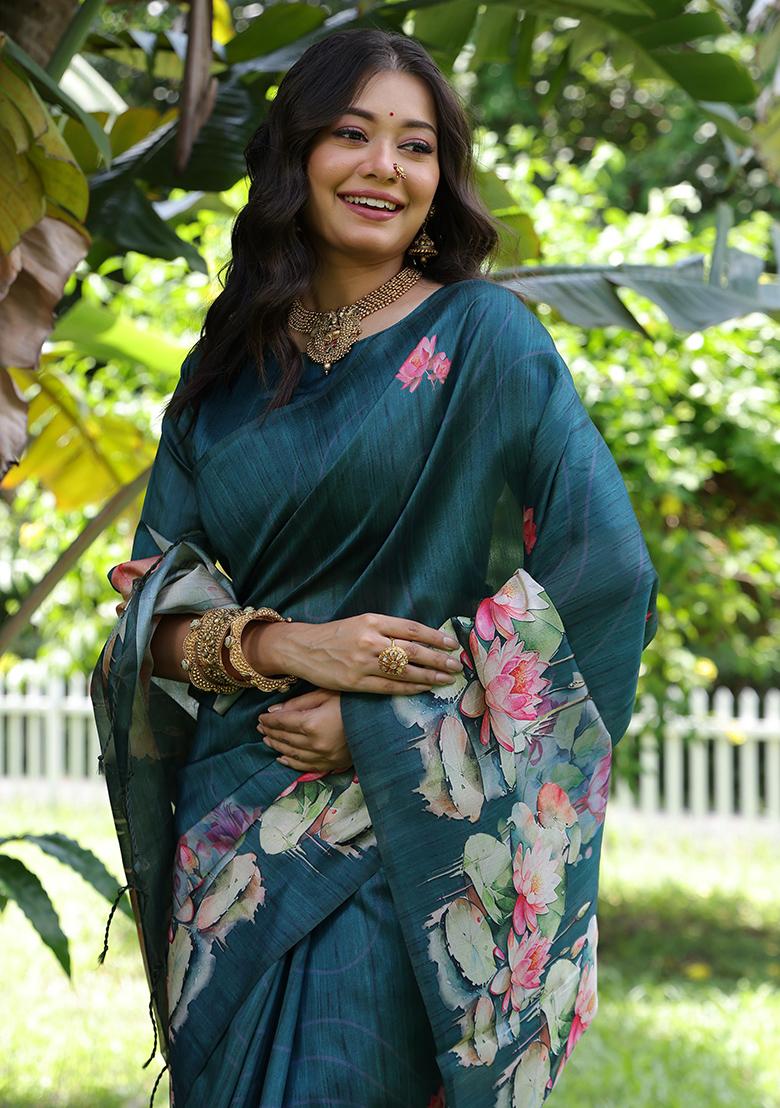 Teal Embroidered Silk Saree Set