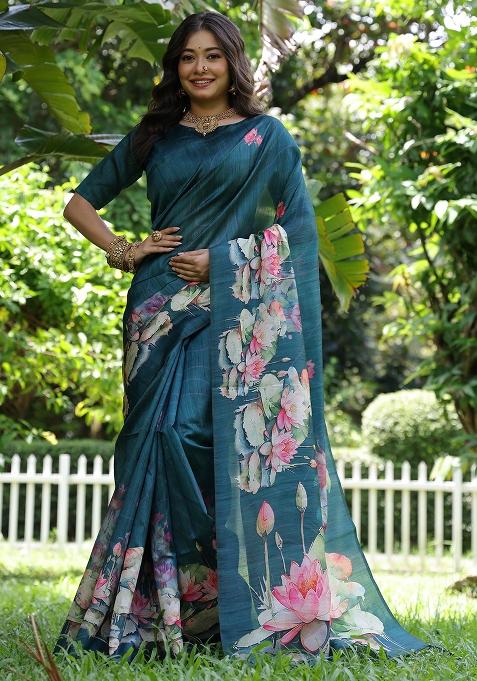Teal Embroidered Silk Saree Set