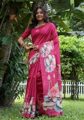 Magenta Embroidered Silk Saree Set