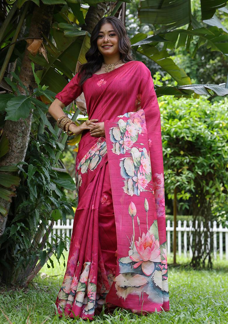 Magenta Embroidered Silk Saree Set