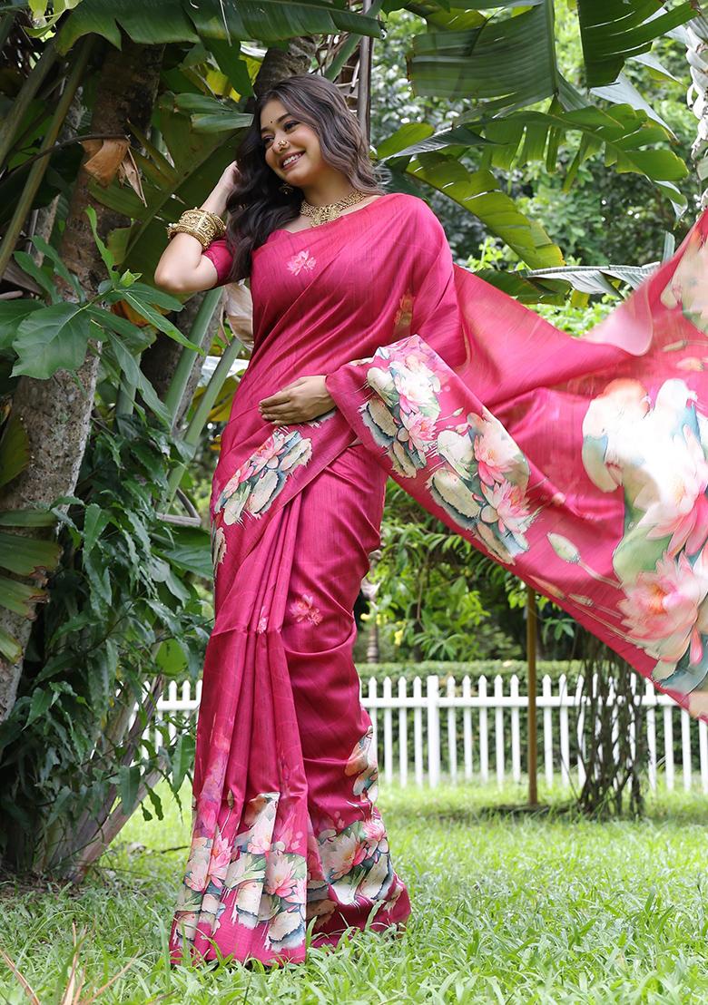 Magenta Embroidered Silk Saree Set