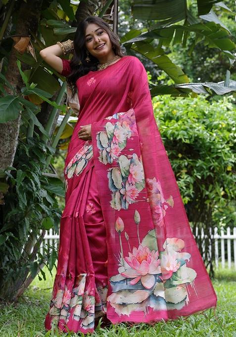 Magenta Embroidered Silk Saree Set