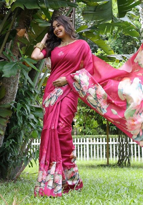 Magenta Embroidered Silk Saree Set