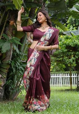 Coffee Embroidered Silk Saree Set