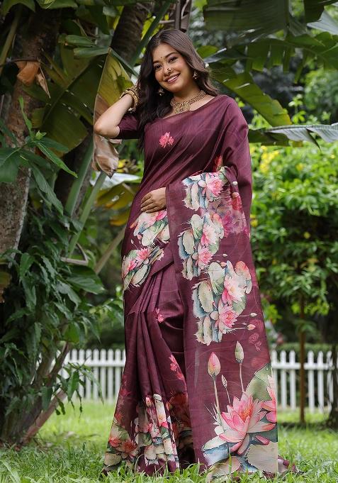 Coffee Embroidered Silk Saree Set