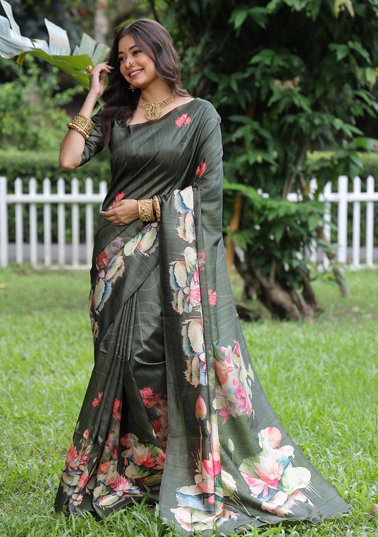 Mehendi Embroidered Silk Saree Set