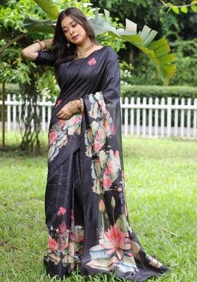 Black Embroidered Silk Saree Set
