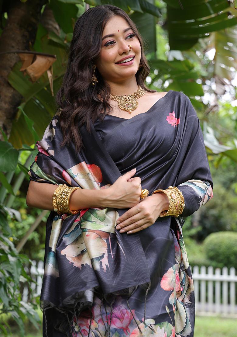 Black Embroidered Silk Saree Set - Indya