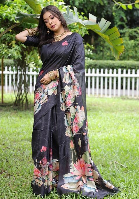 Black Embroidered Silk Saree Set